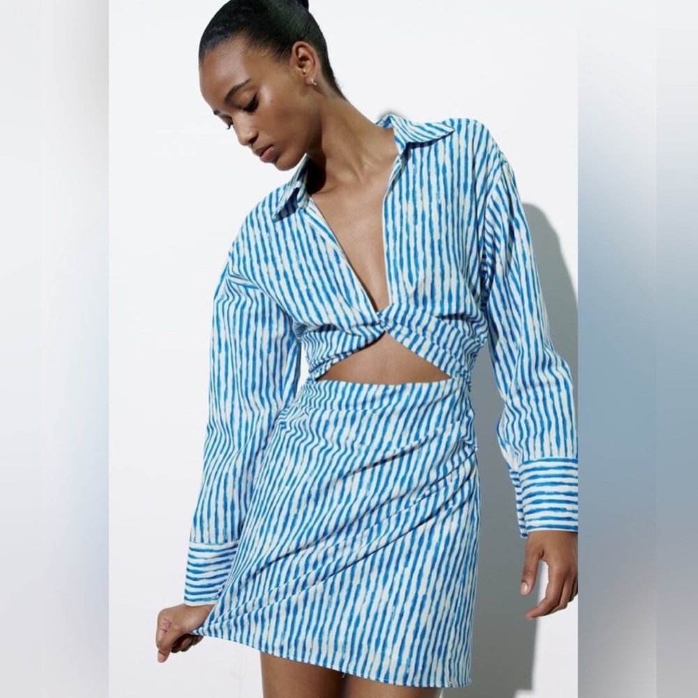 Zara Linen Blend Blue and White Striped Dress M